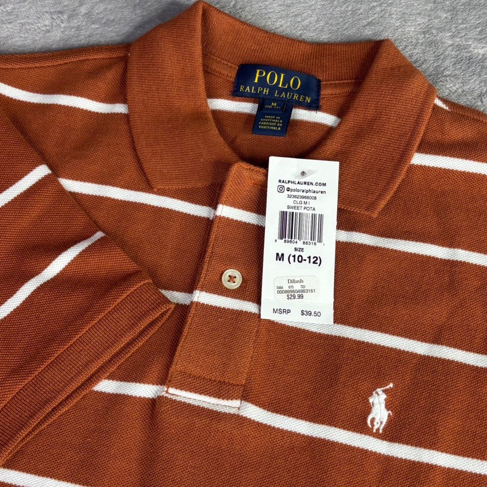 Polo Ralph Lauren Polo Shirt Kids M 10-12 Orange White Striped Pony Logo NWT
